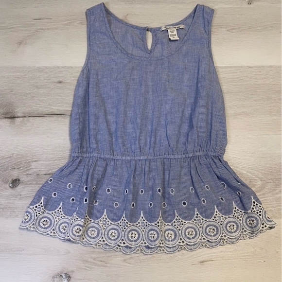 American Rag Tops - American Rag Striped Peplum Eyelet Tank, Blue-White, Size Medium